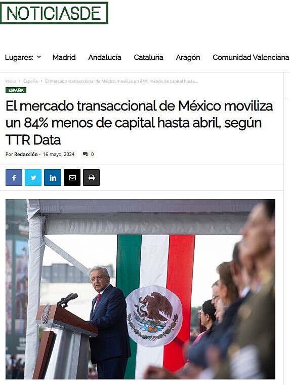 El mercado transaccional de Mxico moviliza un 84% menos de capital hasta abril, segn TTR Data